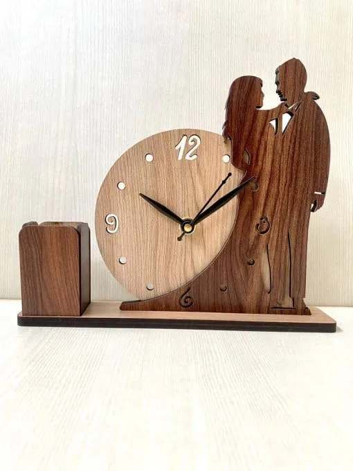 MYESHOP Retail® Fancy Looking Wooden Table Clock & Holder with Romanticcouple Design and Pen Holder.