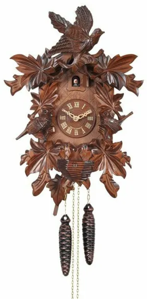 One Day Hand-Carved Cuckoo Clock with Seven Maple Leaves, Three Birds, and Nest