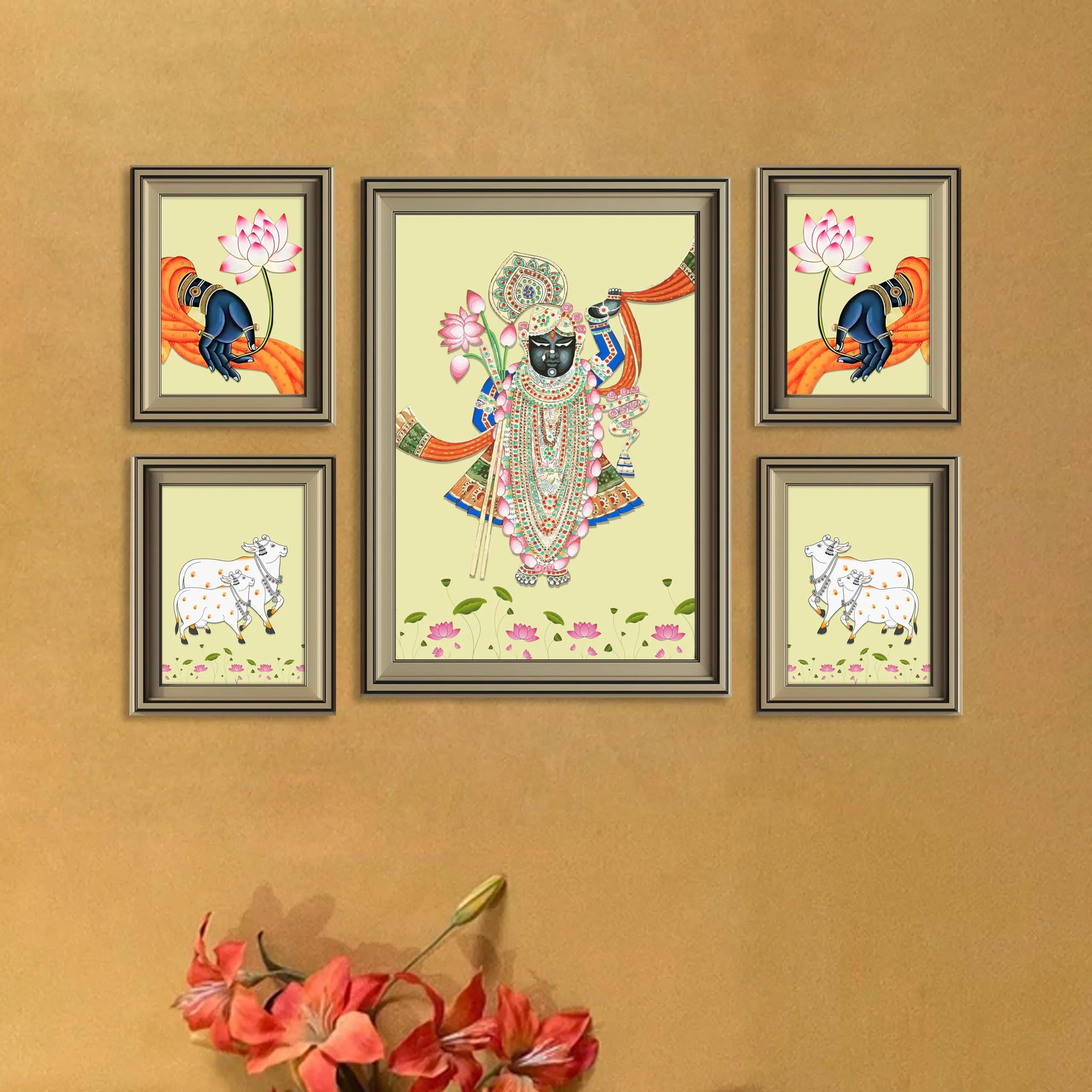 Painting Mantra Pichwai Painting Indian Traditional Wall Art Of Lord Shrinathji Dancing For Living Room For Living Room, Decorative Home & Wall Decor - Set Of 5 (Silver, 4 Pcs-5x7 Inch, & 12x16 Inch)