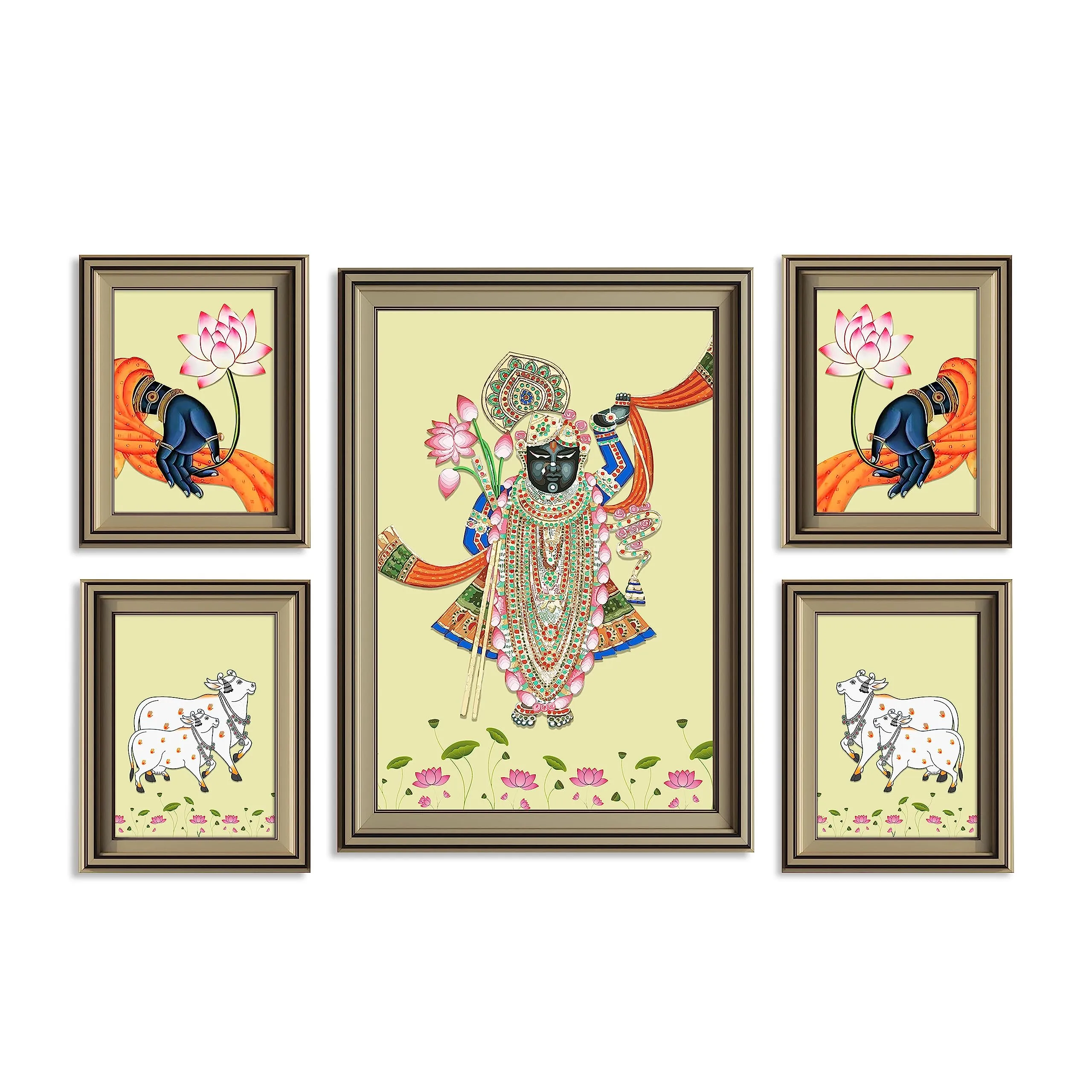 Painting Mantra Pichwai Painting Indian Traditional Wall Art Of Lord Shrinathji Dancing For Living Room For Living Room, Decorative Home & Wall Decor - Set Of 5 (Silver, 4 Pcs-5x7 Inch, & 12x16 Inch)