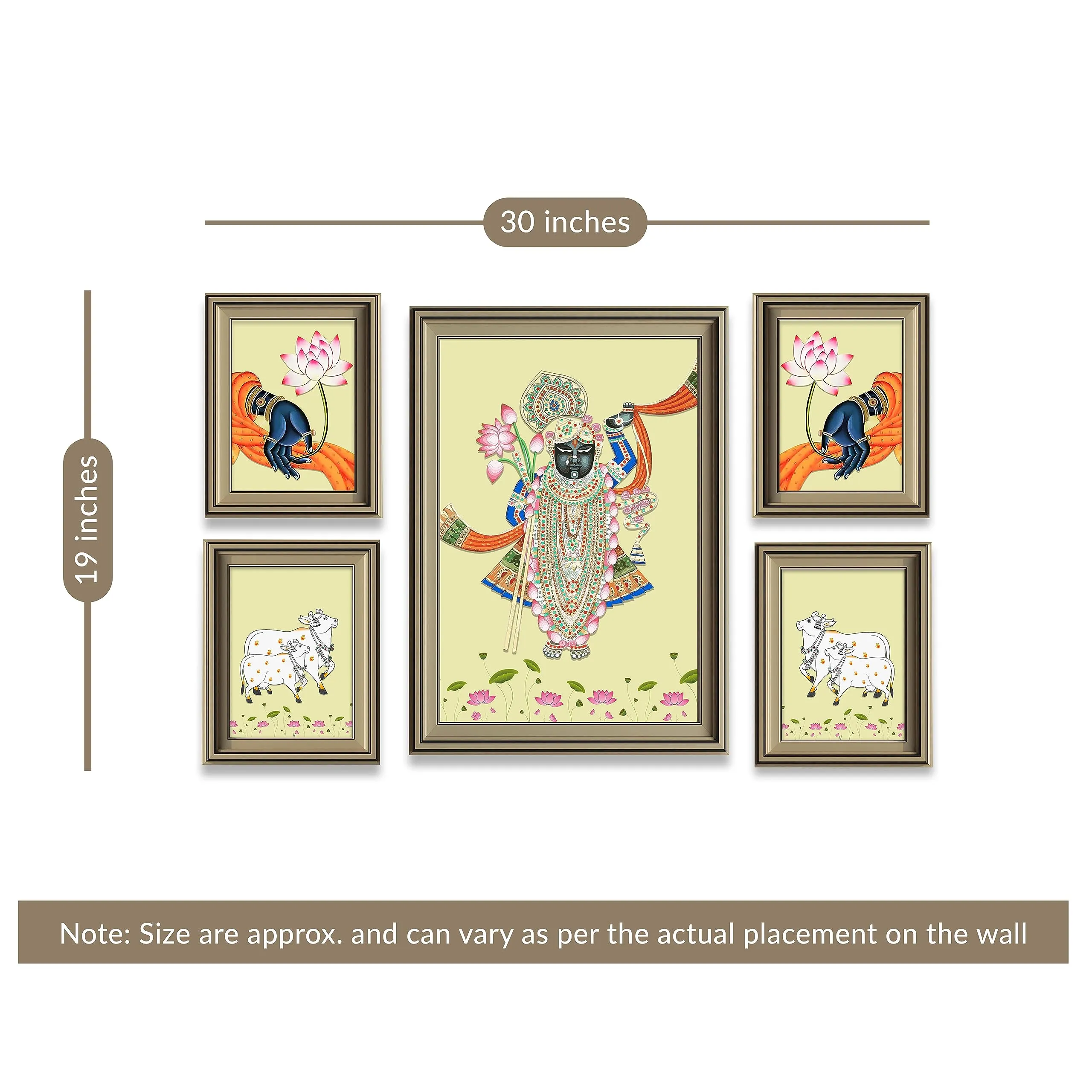 Painting Mantra Pichwai Painting Indian Traditional Wall Art Of Lord Shrinathji Dancing For Living Room For Living Room, Decorative Home & Wall Decor - Set Of 5 (Silver, 4 Pcs-5x7 Inch, & 12x16 Inch)