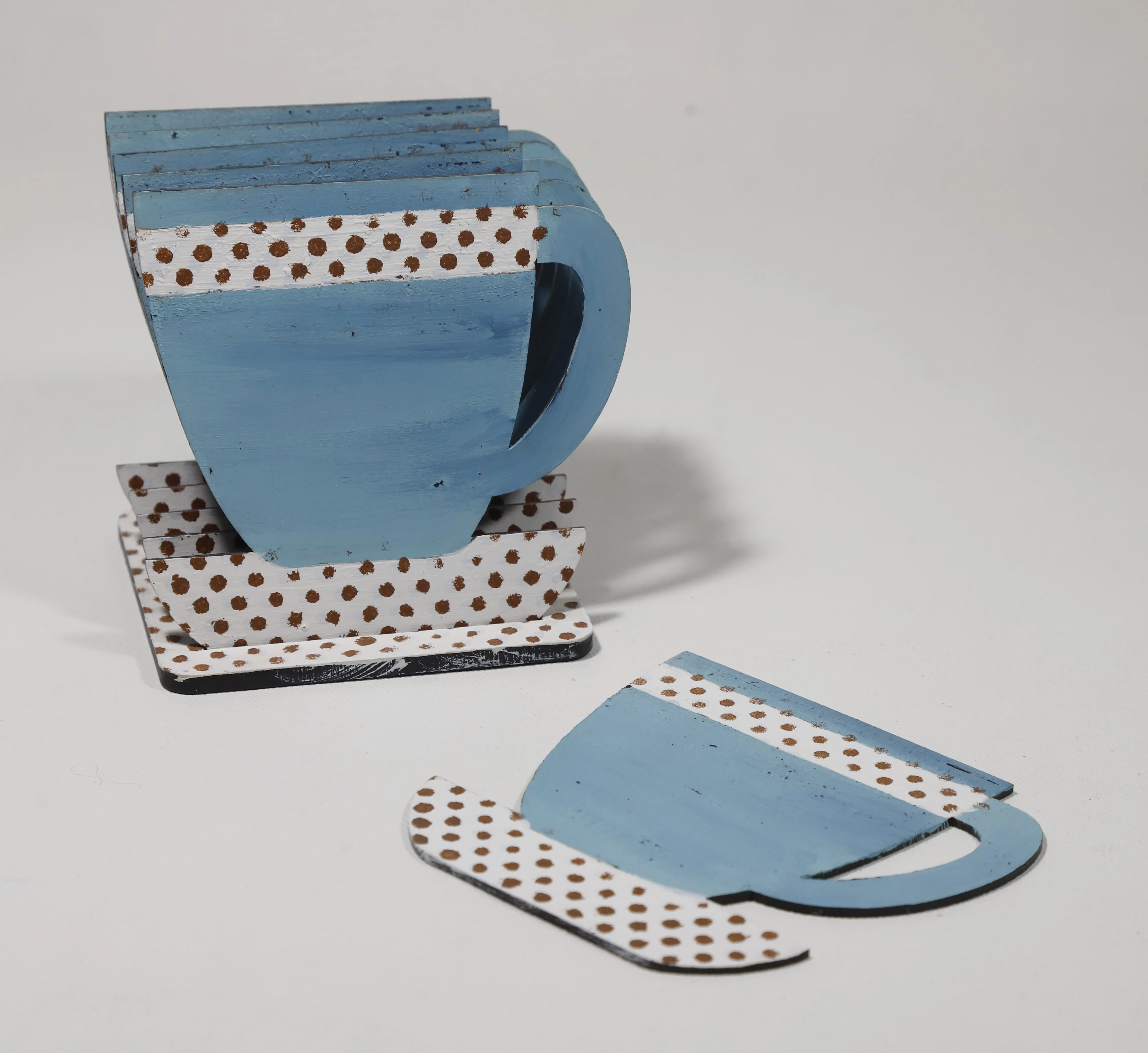 Polka Cuppa Coasters Set Of 6 With Stand - Blue (4x4 Inch)