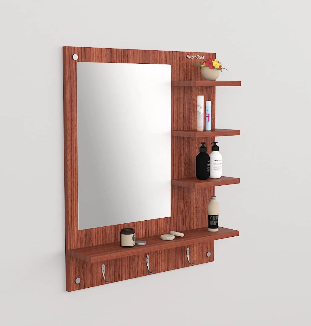 Product-Unique Engineered Wood Dressing Mirror, Wall Mount Vanity Mirror with Shelves Wall Hanging Dressing Mirror Walnut (Brown)