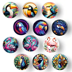 Rangoli 35mm Beautiful Birds 3D Glass Fridge Magnets for Home Decoration Sticking Notes and Gifting (Pack of 12)