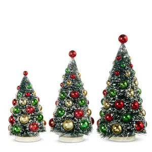 Raz 2023 Classic Carols 13" Frosted Bottle Brush Trees With Ornaments, Set of 3