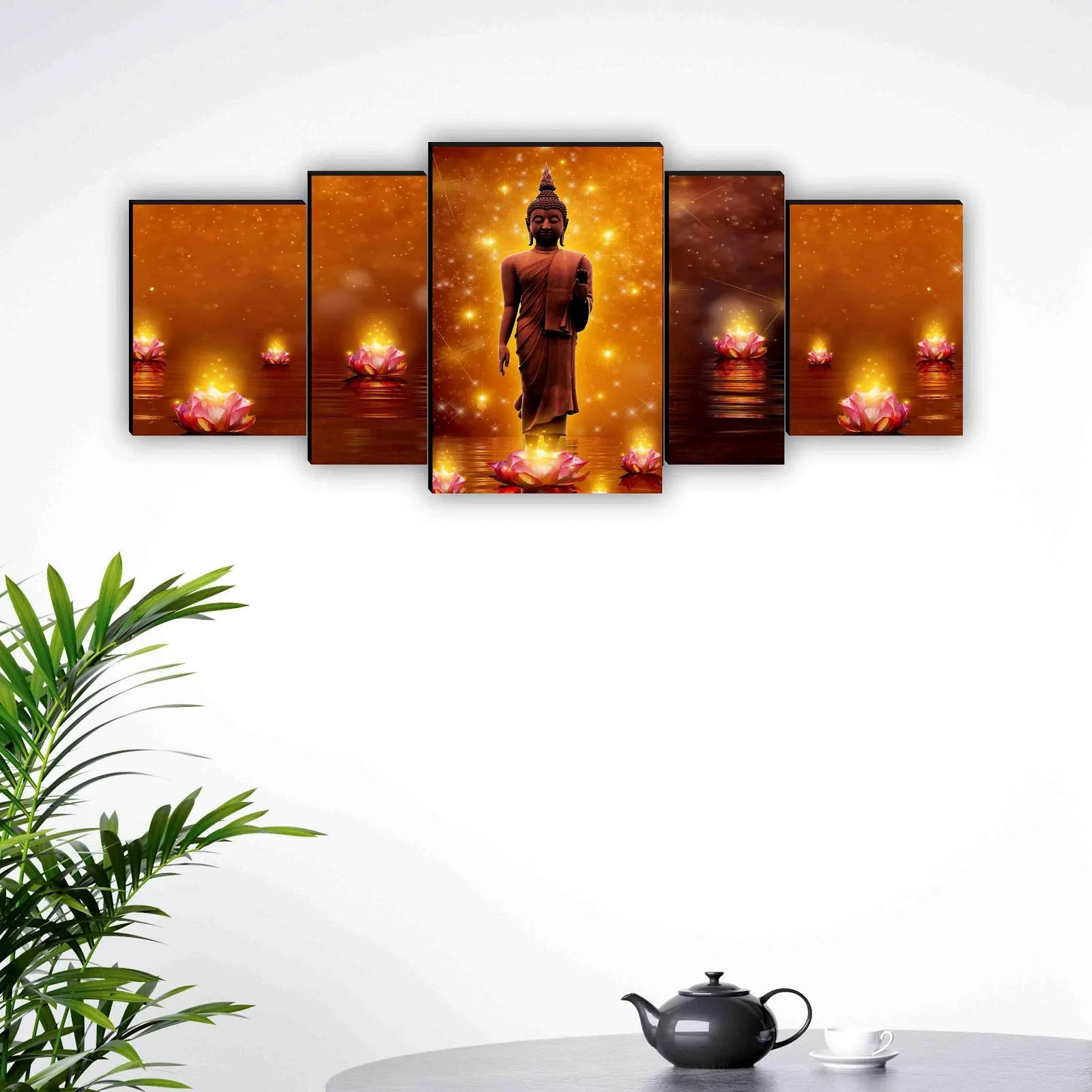 SAF paintings Set of 5 Buddha with Lotus UV Textured Home Decorative Gift Item MDF Panel Painting 18 Inch X 42 Inch SANFPNL31178