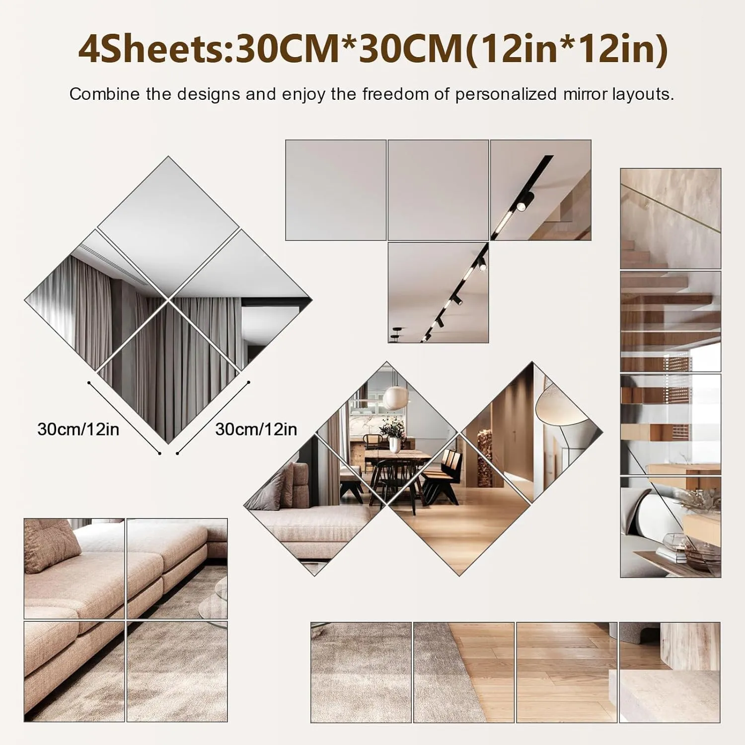 SEVEN HORSES HD Glass Full Length Wall Mirror Tiles, 12'' x 12'' x 4PCS, Frameless Full Body Mirror Tiles for Bedroom, Full Length Mirror Wall Mounted for Home Gym, Door