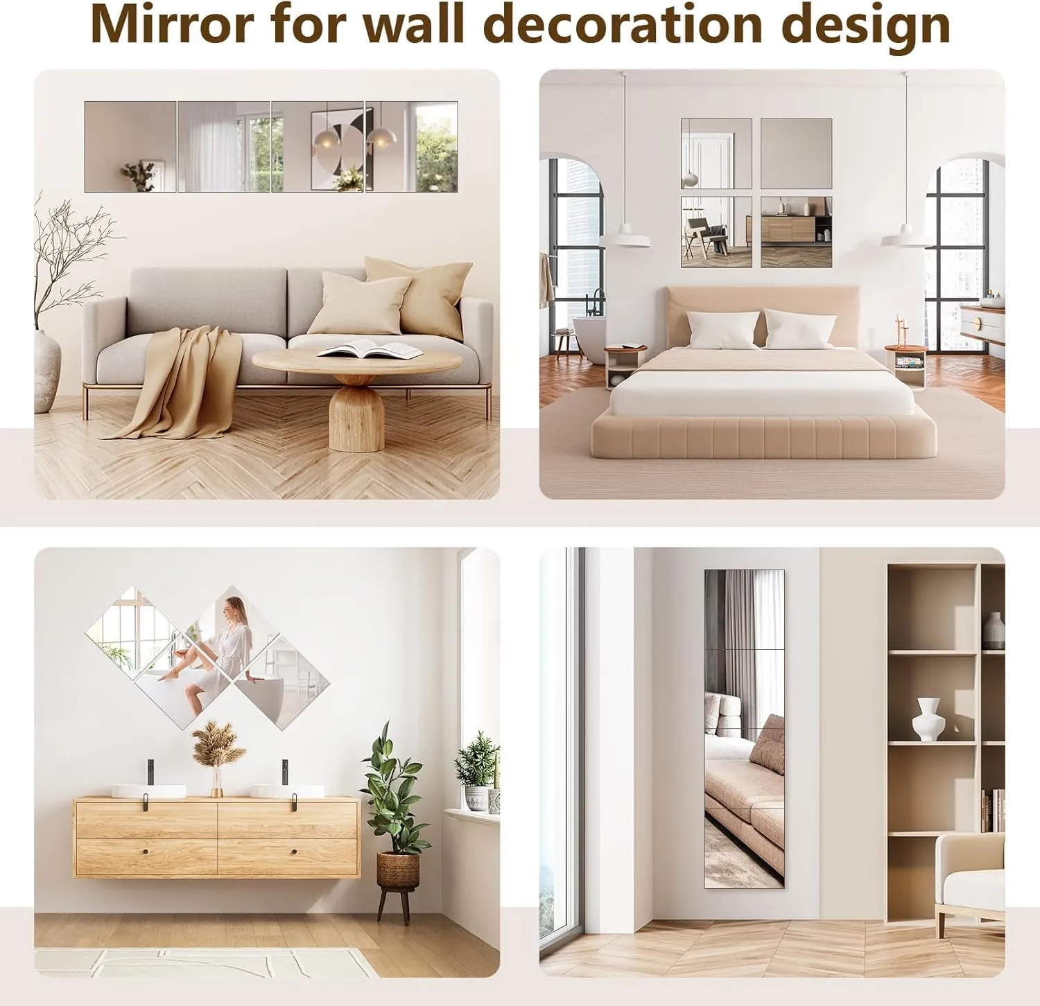 SEVEN HORSES HD Glass Full Length Wall Mirror Tiles, 12'' x 12'' x 4PCS, Frameless Full Body Mirror Tiles for Bedroom, Full Length Mirror Wall Mounted for Home Gym, Door