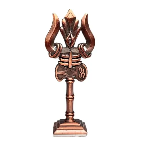 Shivu Trishul Idol for Car Dashboard | Mahadev Trishul om Shivu Shankar and damru third Eye,Home and Office Table, puja room Size (10.5 Cm) copper color