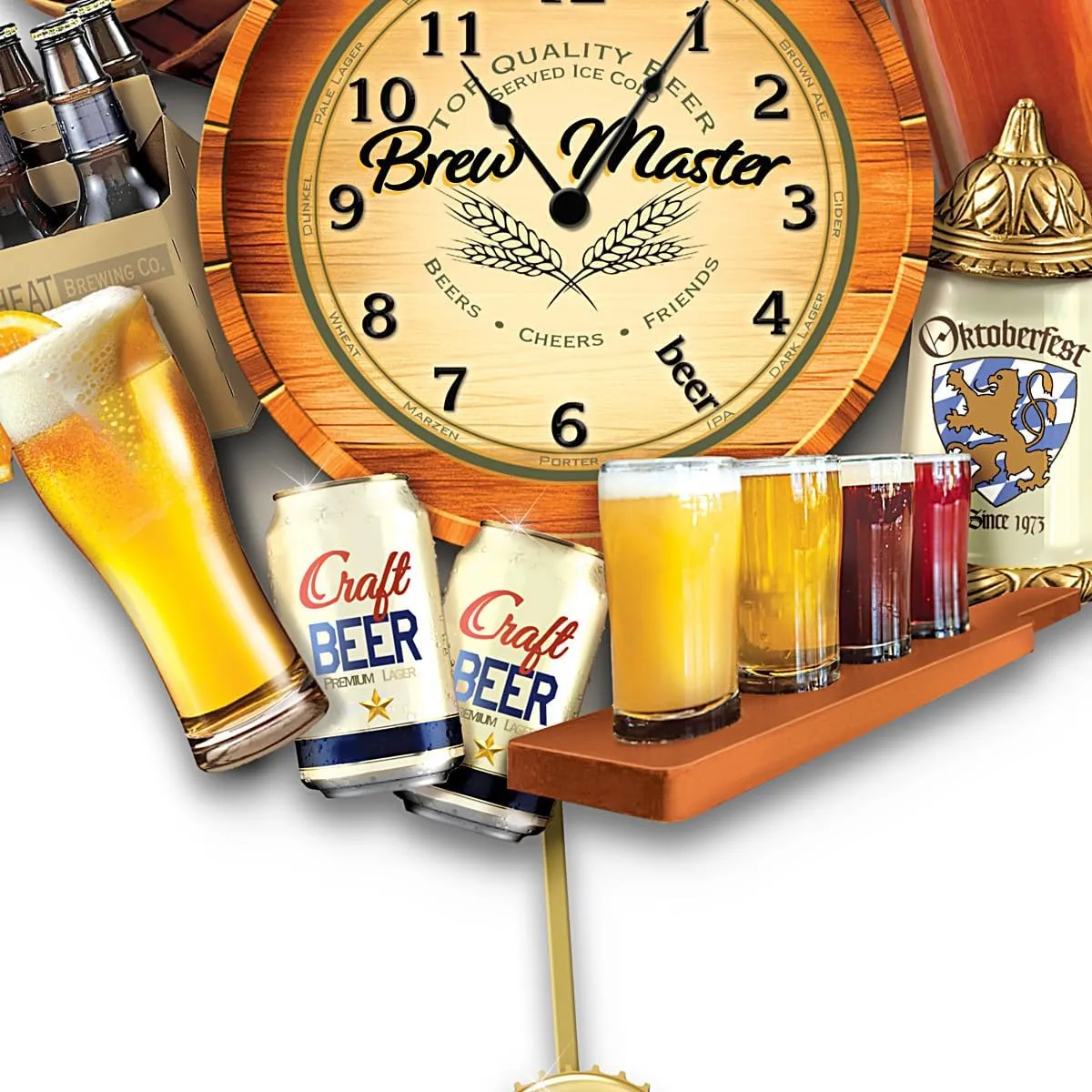 The Bradford Exchange Brew Time Hand-Painted Dimensional Wall Clock with Sculpted Details Pilsner Glass & Flight of Beers