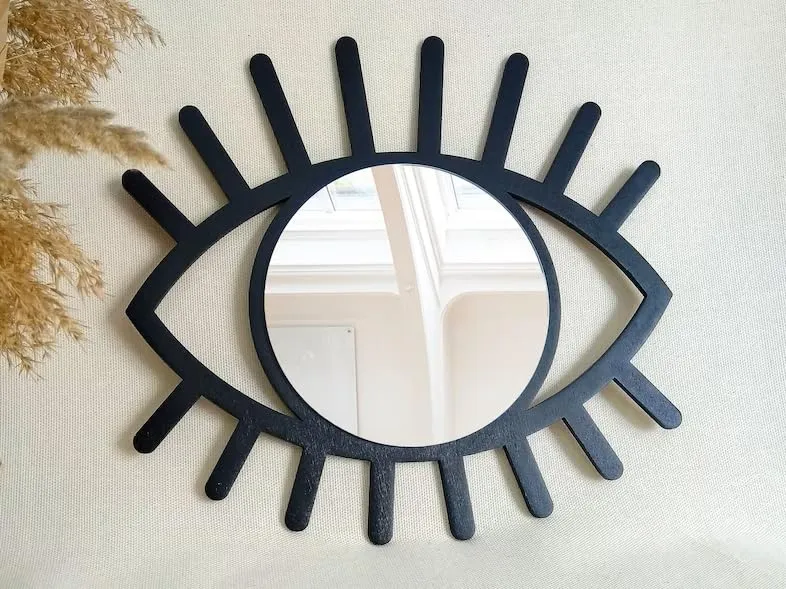 The C A F Wooden Wall Decor Evil Eye Mirror, Boho Eye Wall Hanging with Acrylic Round Mirror, Third Eye Boho Chic Art for Home Decor (Black)