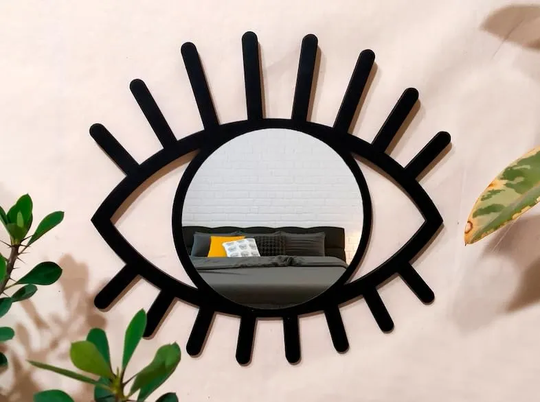 The C A F Wooden Wall Decor Evil Eye Mirror, Boho Eye Wall Hanging with Acrylic Round Mirror, Third Eye Boho Chic Art for Home Decor (Black)