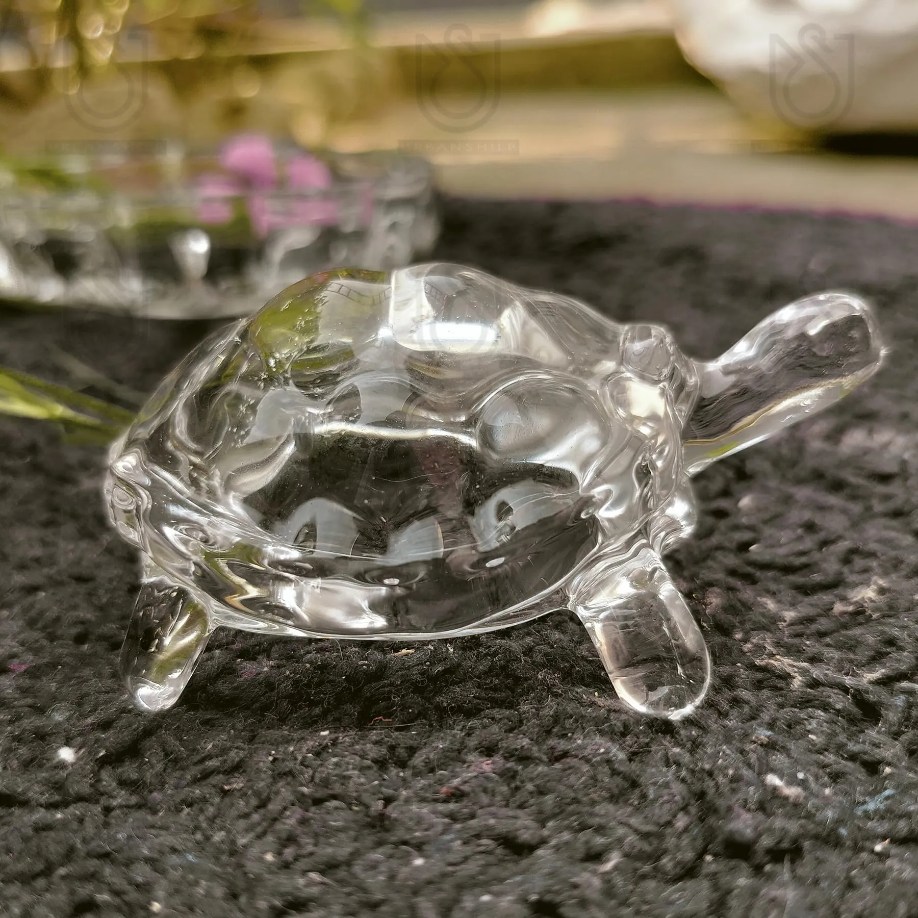 UrbanShilp Feng Shui Crystal Tortoise | Turtle with Crystal Plate for Good Luck Crystal Kachua Plate Bowl Tortoise On Plate Showpiece for Good Luck Turtle Vastu for Career and Luck (Glass, White)