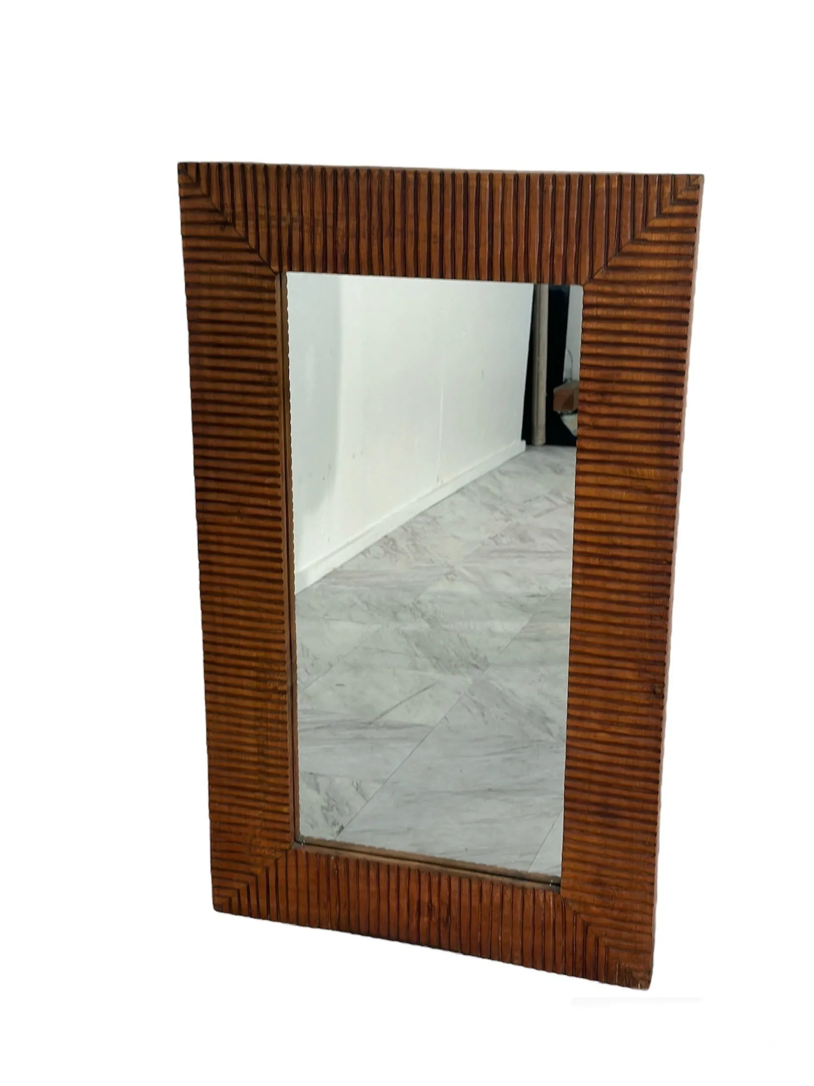 Vintage Unique Rectangular Wood Wall Mirror 1980s