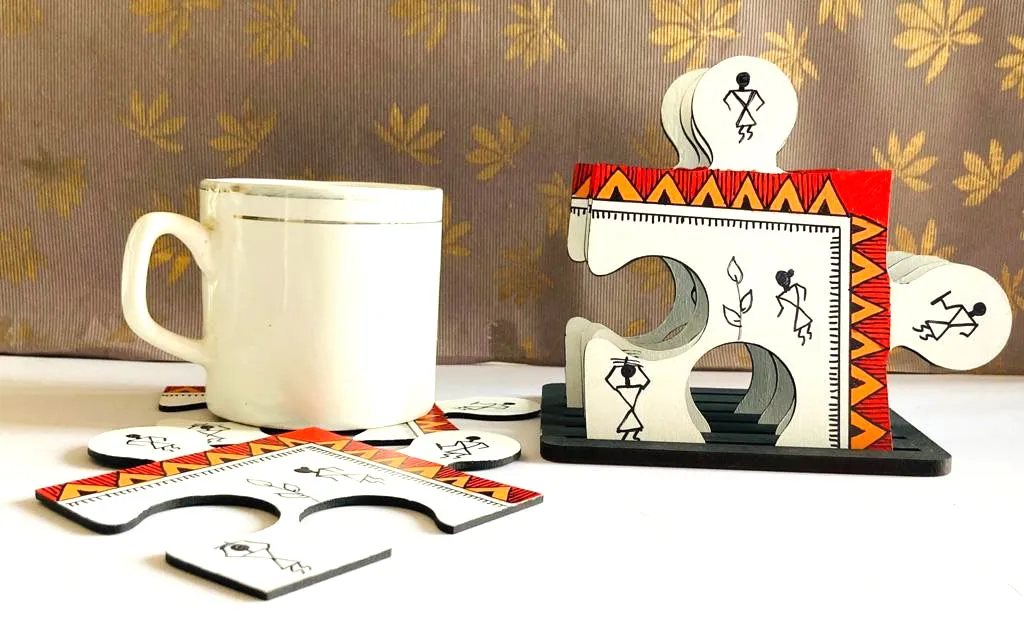 Warli Puzzle White Coasters Set Of 6 With Stand (4.5x4.5 Inch)