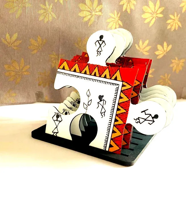 Warli Puzzle White Coasters Set Of 6 With Stand (4.5x4.5 Inch)