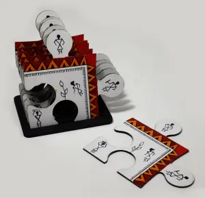 Warli Puzzle White Coasters Set Of 6 With Stand (4.5x4.5 Inch)