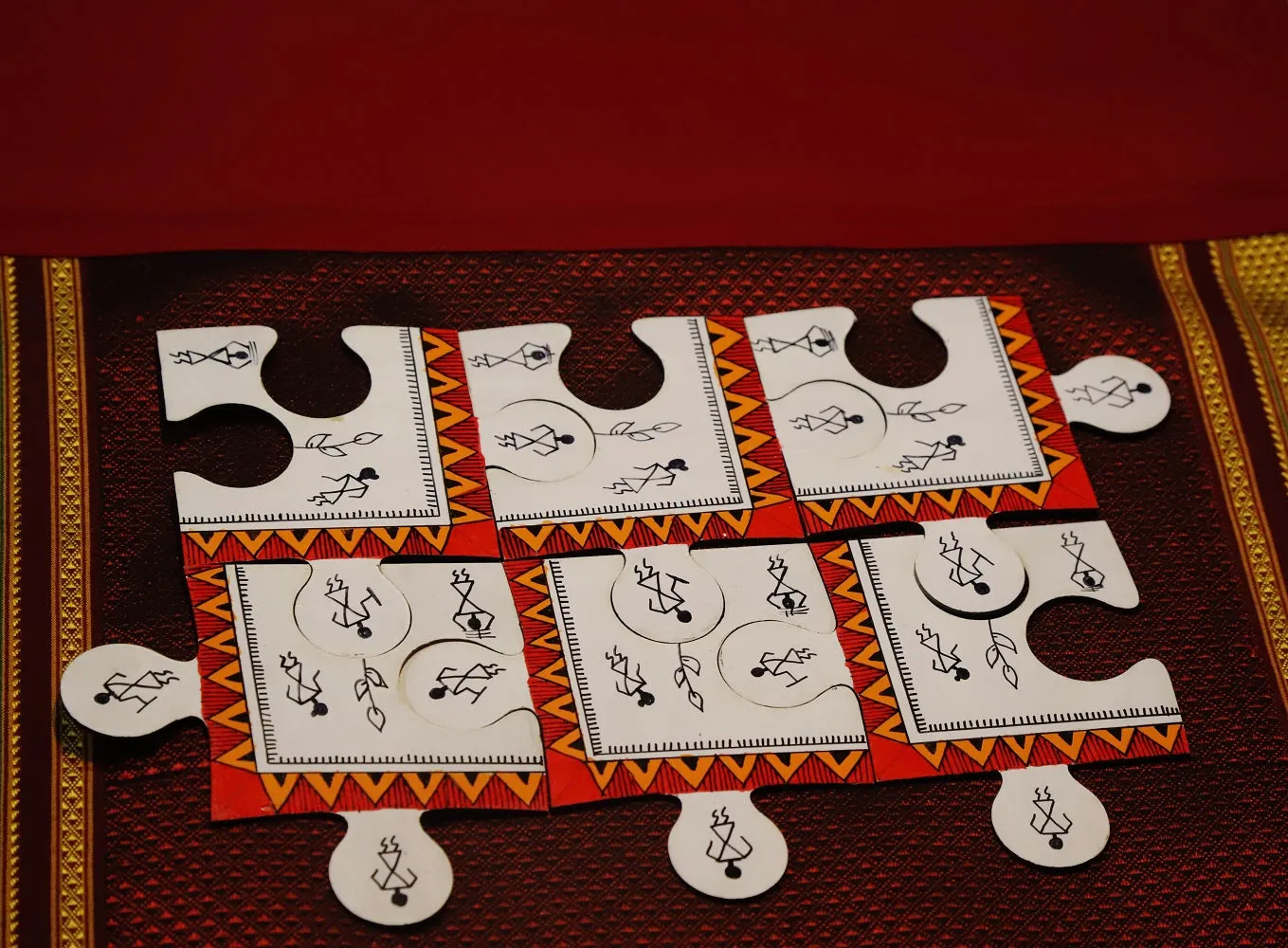 Warli Puzzle White Coasters Set Of 6 With Stand (4.5x4.5 Inch)