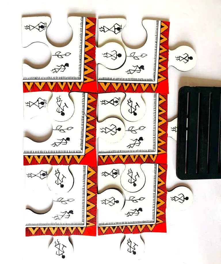 Warli Puzzle White Coasters Set Of 6 With Stand (4.5x4.5 Inch)