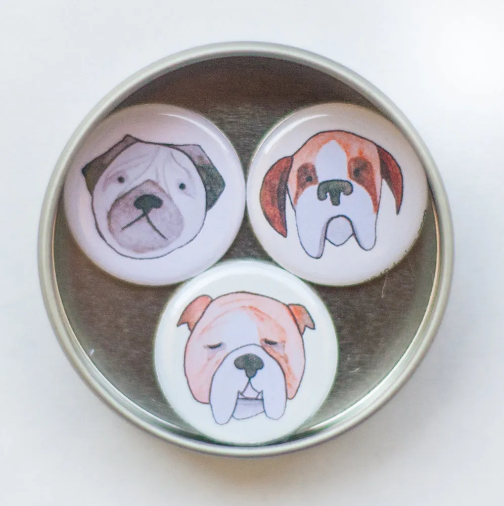 wrinkly dog art magnet set with boxer art, pug art, bulldog art, magnet gift set